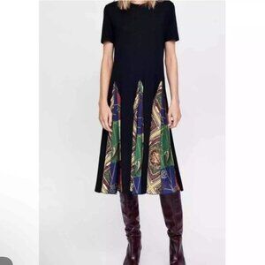 Zara Black Short Sleeve Scarf Pleated Midi Dress Boho Gold Chain